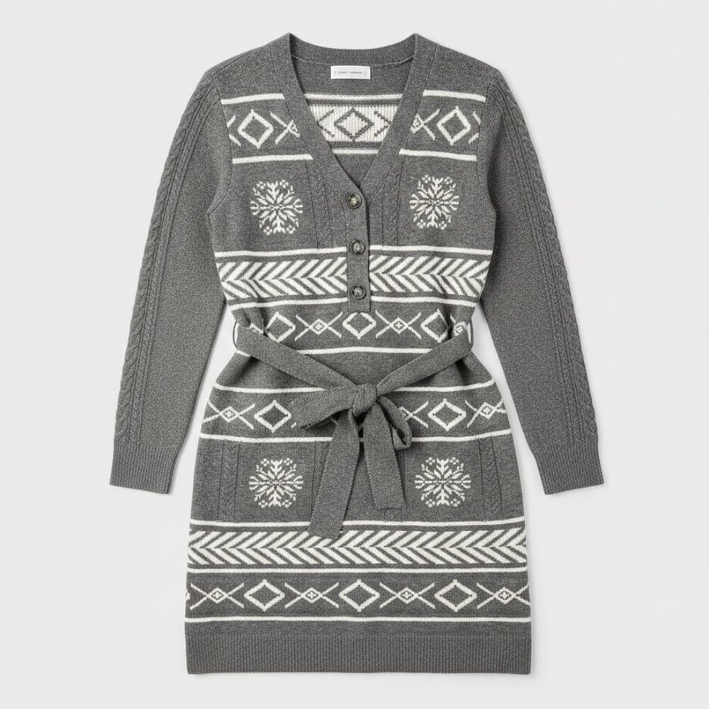 Lucky Brand Grey & White Fair Isle Snowflake Sweater Dress - L